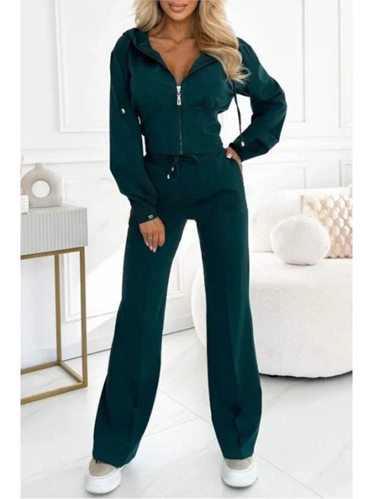 Autumn And Winter Hooded Zipper Jacket Tight Solid Color Two-piece Sets Women Fashion Casual New Wide Leg Pants 2 Piece Set.