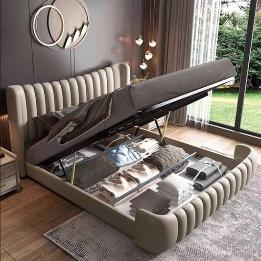 Hohes Kopfteil, Doppelbettgestell, schlichtes Holz, elegantes Queen-Size-Bett, Einzelbettgestell, Nachttische, Aufbewahrung, Cama Moderno Lujo-Möbel