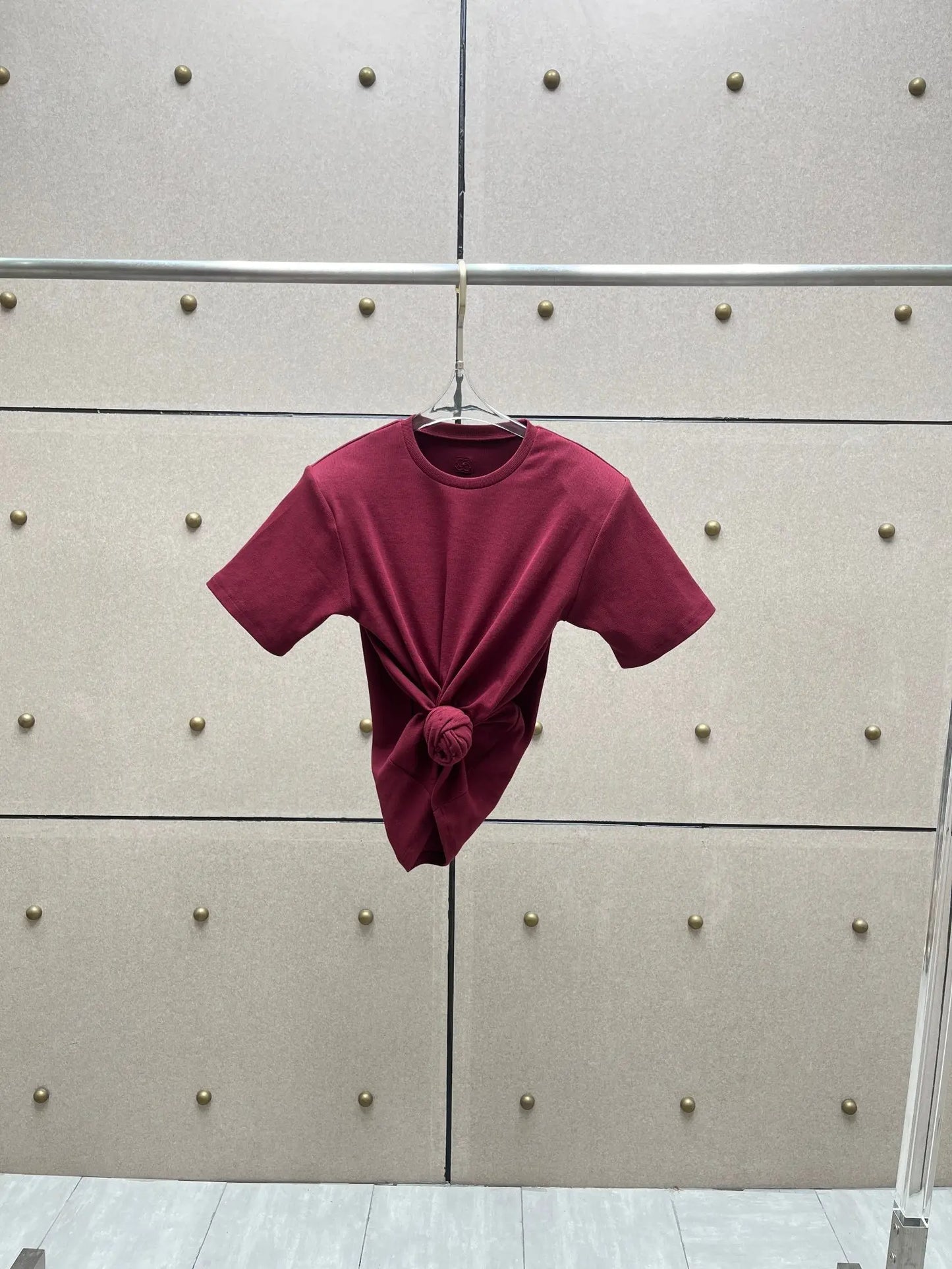 Y2K knotted twist knitted threaded round neck Top women fashionable and versatile navel padded shoulder short-sleeved T-shirt