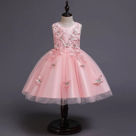 Elegantes Kleid für Mädchen, Abend, Hochzeit, Schmetterlingsapplikationen, Netzstoff, Prinzessinnenkleid für Kinder, Geburtstagsfeier, Abschlussball, Performance-Kleid.