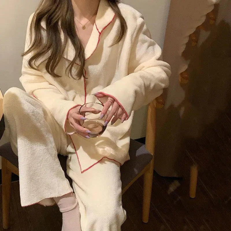 Flannel Women's Pajamas Sets Casual Autumn Winter Sleepwear Velvet Pyjama Ladies Cardigan Simple Bedroom Soft Warm Home Clothes
