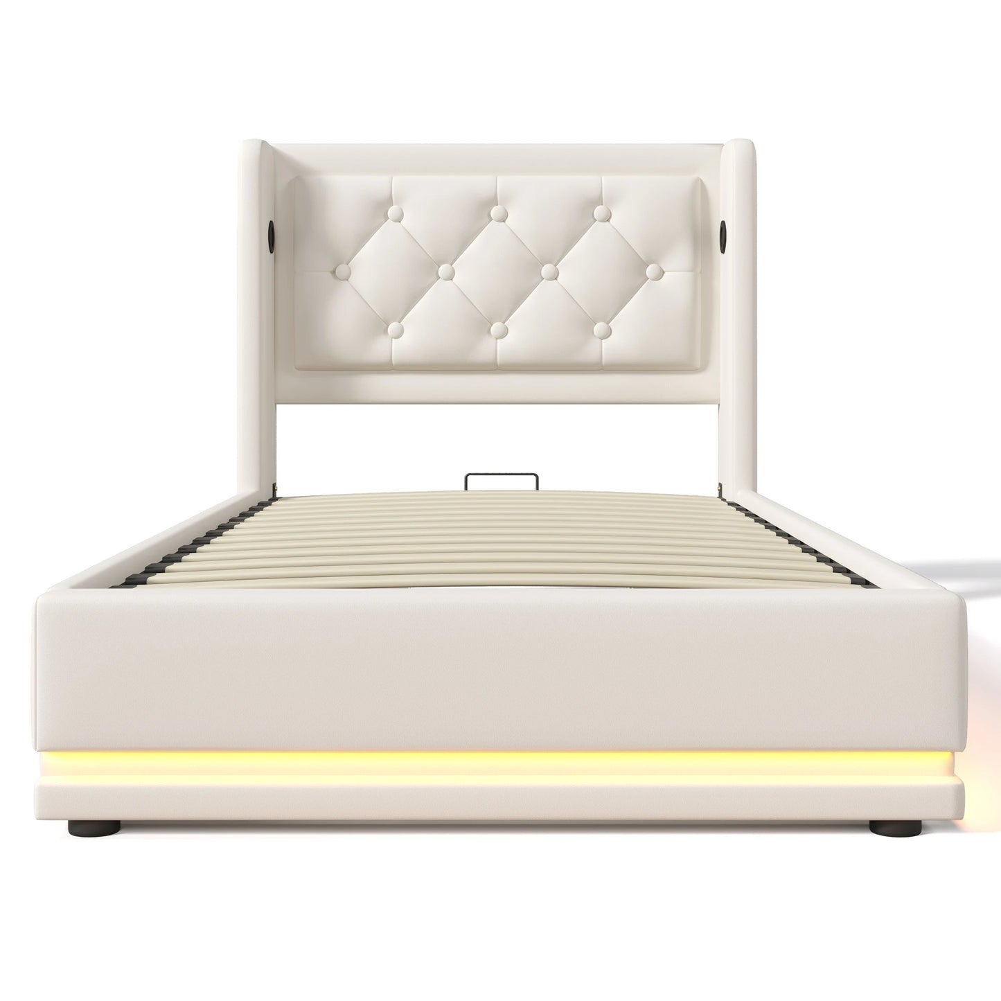 KOMHTOM PU-Material Hydraulisches Stauraumbett, mit USB Typ-C Ladefunktion, 3-seitige LED-Funktion, ohne Matratze