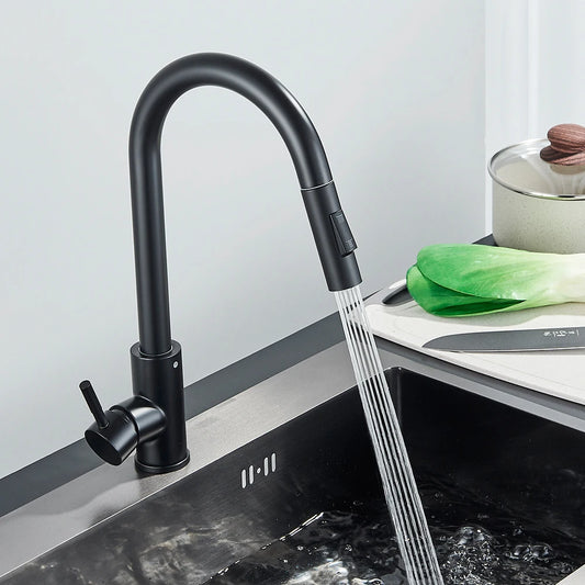 Black Kitchen Faucet Two Function Single Handle Pull Out Mixer Hot and Cold Water Taps Deck Mounted