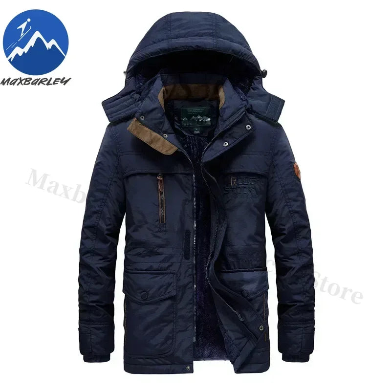 Winter Fleece Long Jacket Men Casual Thicken Warm Cotton Padded Jackets Man Fashion Hooded Outdoor Windproof Parkas Snow Coat