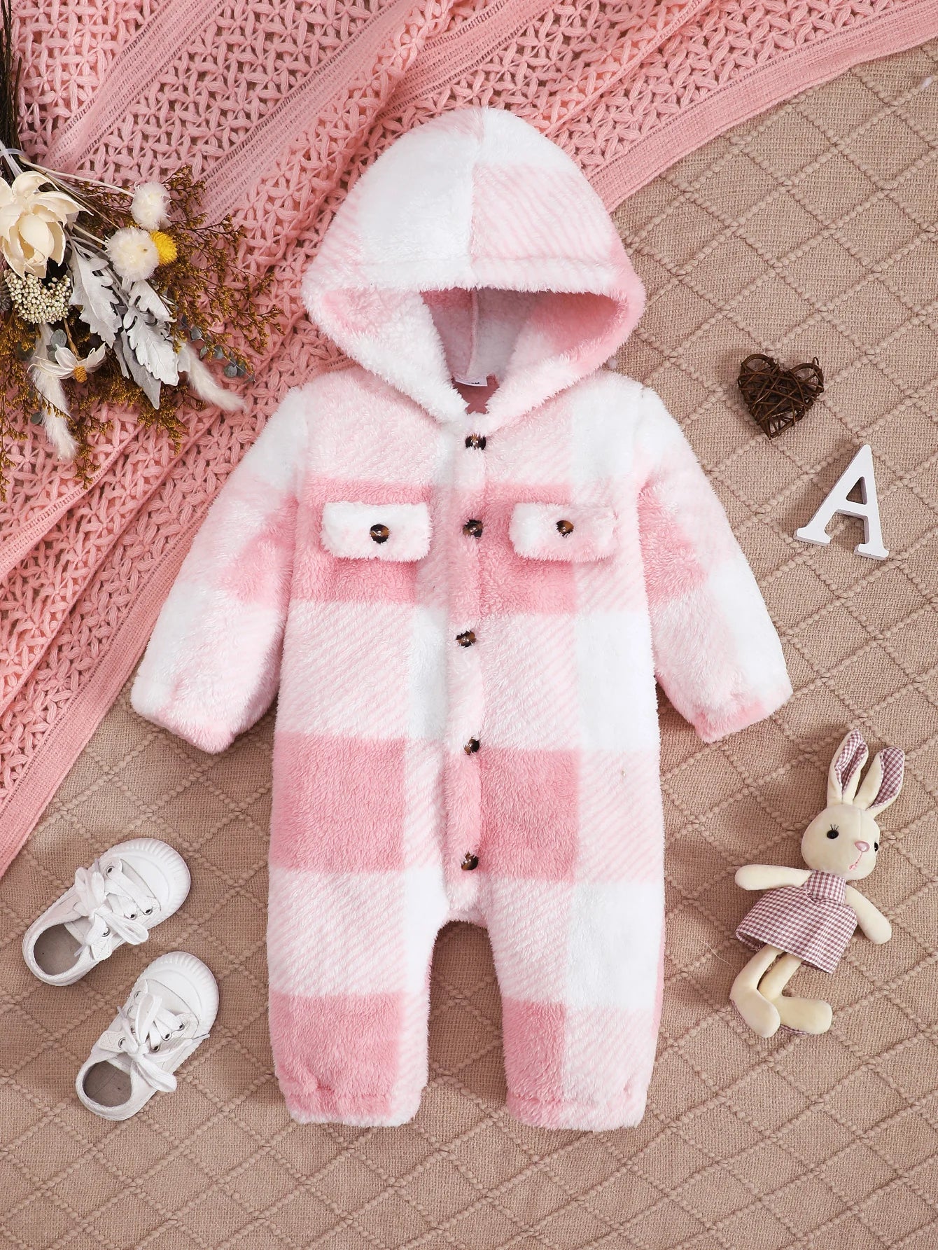 Baby-Strampler für Jungen und Mädchen, kariert, mit Kapuze, langärmelig, Plüsch-Overall, Winter, warmer Body, Kleidung für Kleinkinder im Alter von 3–24 Monaten