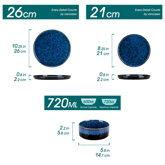 vancasso 12/24 Piece Dinner set Black Blue Reactive Glaze Vertical edge Dinnerware set with 4PCS Dinner Plate/ Dessert/Bowl.