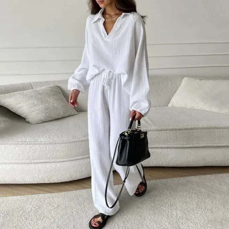 Women's Suit Solid Color Casual Loose 2025 Elegant Spring And Summer Fashion New Long-sleeved Lapel Top + Drawstring Pants Suit