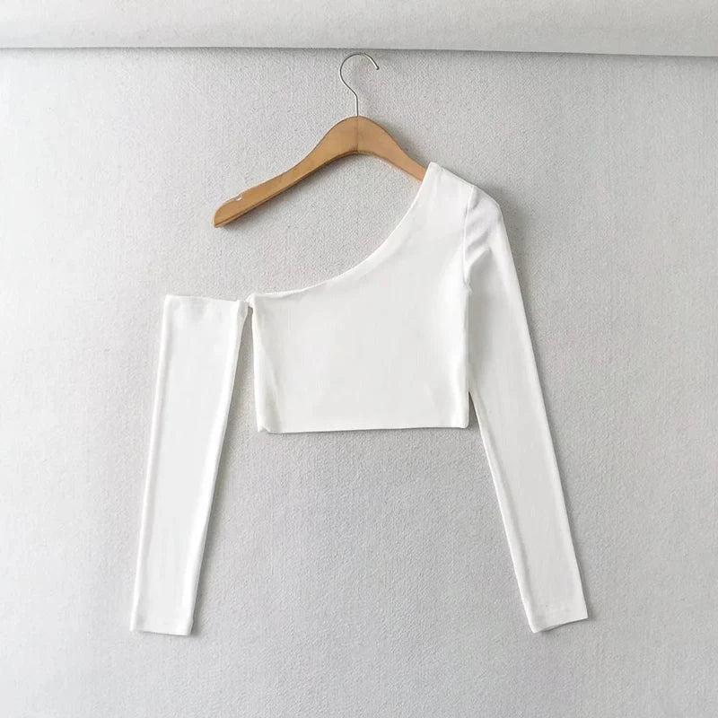 Women's One Shoulder Long Sleeved Crop Top