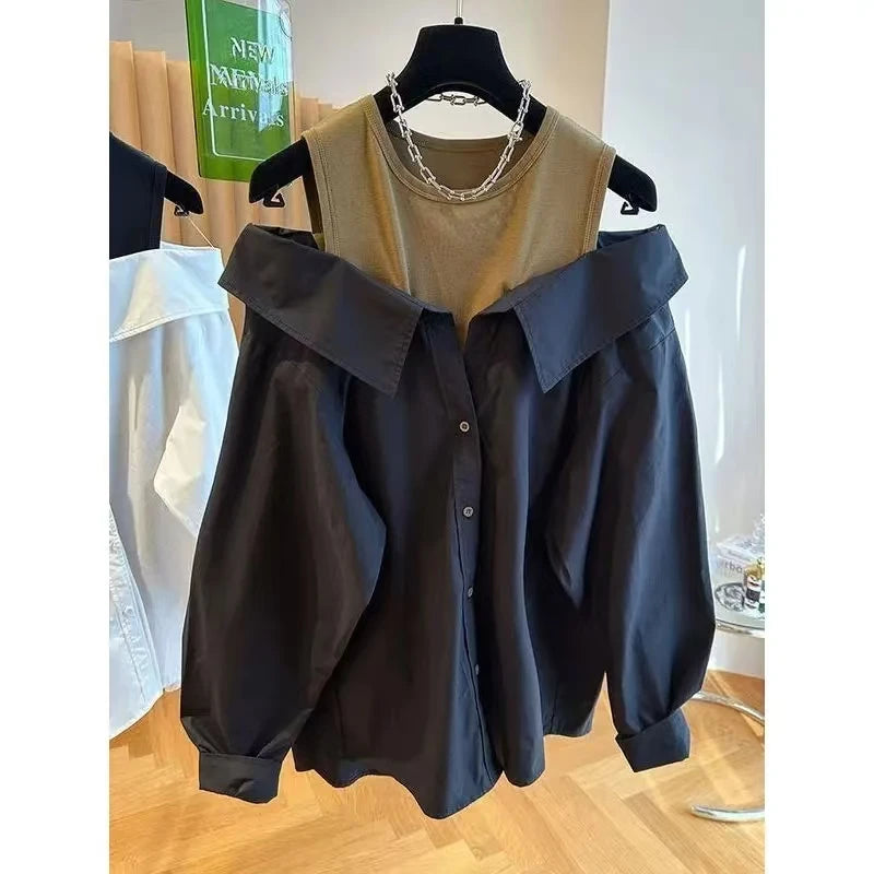 New Off The Shoulder Blouses Women Slim and Loose Tank Top Spliced Long Sleeve Shirts Autumn Round Neck Fashion Shirts Women Top.