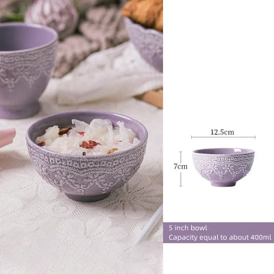 Solid Color Ceramic Tableware Lace Embossed Ceramic Tableware Bowl Plate Cup Rustic Irregular Dinner Plate Dinner Plates.