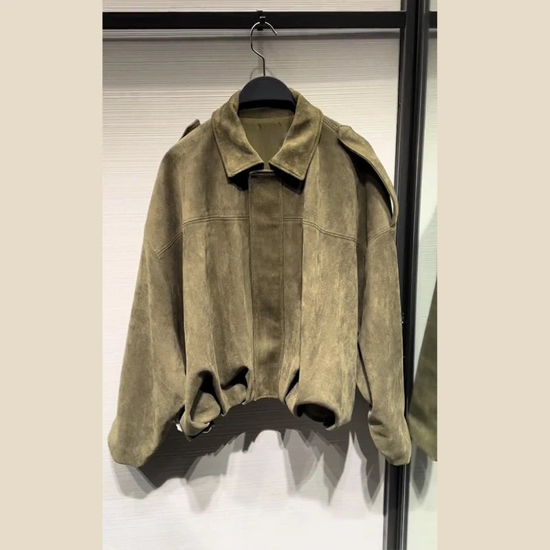 2025 herbst frauen Grün Wildleder Jacke Lose Revers Zipper Langarm Taschen Bomber Mantel Neue Mode Dame Dicke Streetwear.