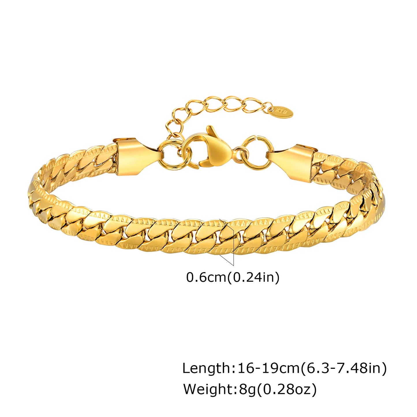 Vnox 6mm Flat Cuban Chain Bracelets for Women Girls, Macrame Edge Curb Links Bracelet,Gold Plated Stainless Steel with K18 Stamp