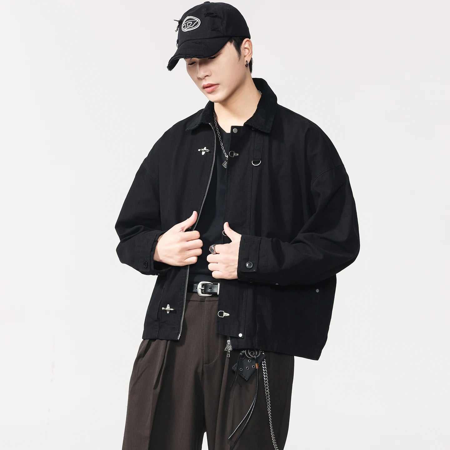 Men Washed Cotton Metal Buckle Streetwear Vintage Loose Casual Short Bomber Cargo Jacket Couple Spring Autumn Coat Outerwear.