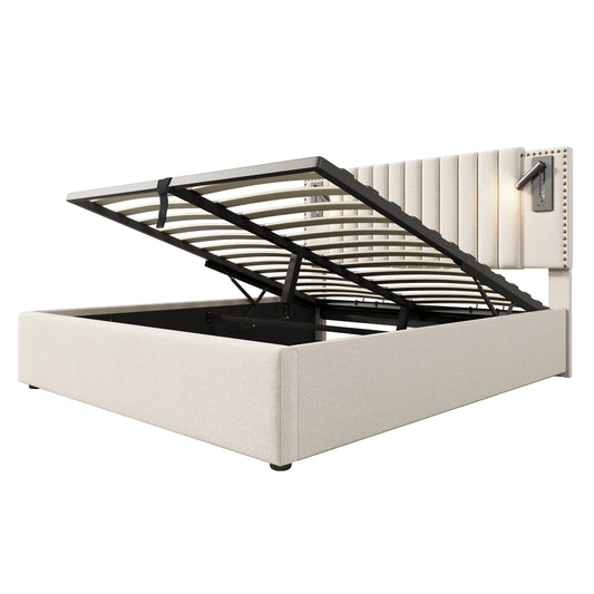 KOMHTOM Polsterbett Doppelbett, Leselicht und USB-Ladefunktion im Kopfteil, Baumwollmaterial, ohne Matratze