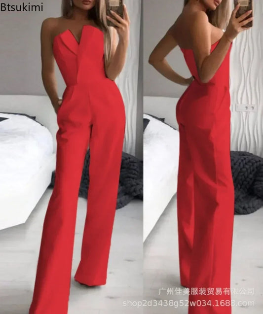 2025 Women's Elegant Jumpsuits Solid Off Shoulder Sexy Club Jumpsuit Female Sleeveless High Waist Slim Wide Leg Jumpsuit Pants.