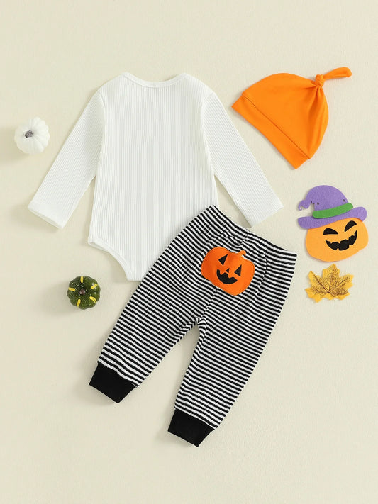 Baby Mädchen Halloween Baumwolle 3-teiliges Set 0-18 Monate Kleinkind Jungen Langarm Kürbis Print Onesie + Gestreifte Hose + Hut Festliches Outfit.