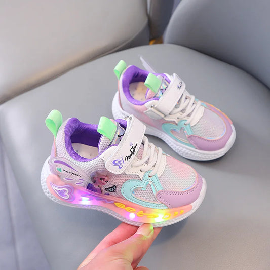 Disney Children Led Shoes Kids Girls Sneakers Frozen Elsa Princess Lighting Shoes Pink Purple Casual Sports Shoes Size 21-31.