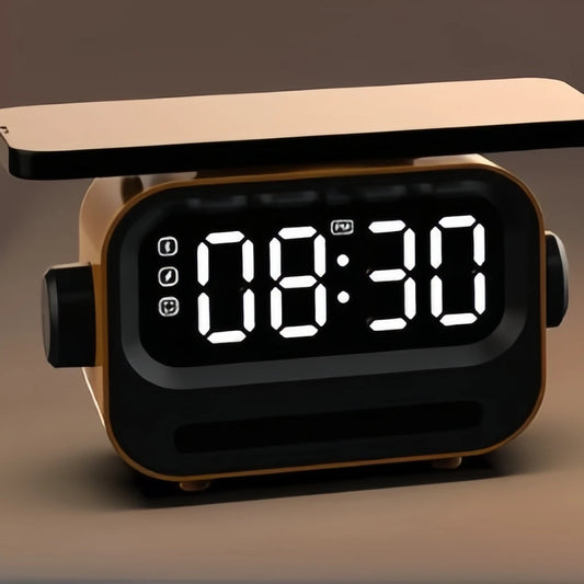Modern Bluetooth Alarm Clock loudspeaker with 15W Wireless Charging, Night Light & Ambience Light.