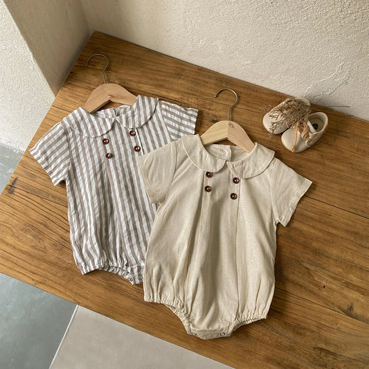 Sommer neue adrette Art Baby Body suits Hemd Kragen Mädchen Jungen Bodysuit atmungsaktive Leinen einteilige Baby kleidung.
