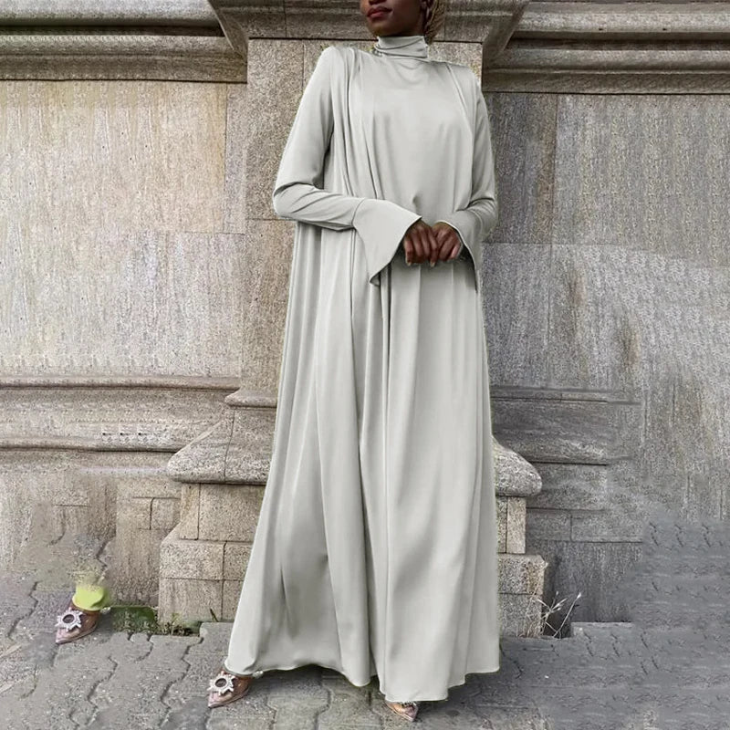 VONDA Frauen Böhmischen Lange Maxi Kleid 2024, Elegante Langarm Hohe Kragen Roben Casual Einfarbig Vestidos Vintage Sommerkleid