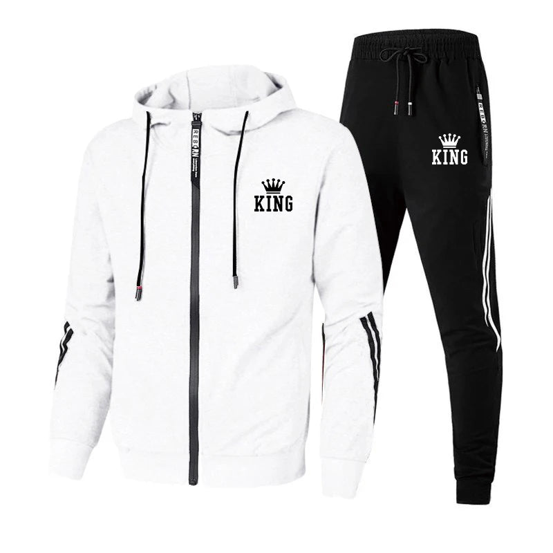 High Quality Men's Tracksuit Zipper Hooded Sweatshirt+Slim Sweatpants Set Casual Jacket Coat Jogging Clothing Fashion Print Suit.
