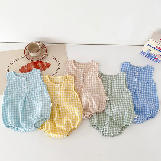 2024 Sommer Baby kleidung Plaid Kleinkind Jungen Mädchen Bodysuit ärmel los einteiliges Kleinkind Outfit.
