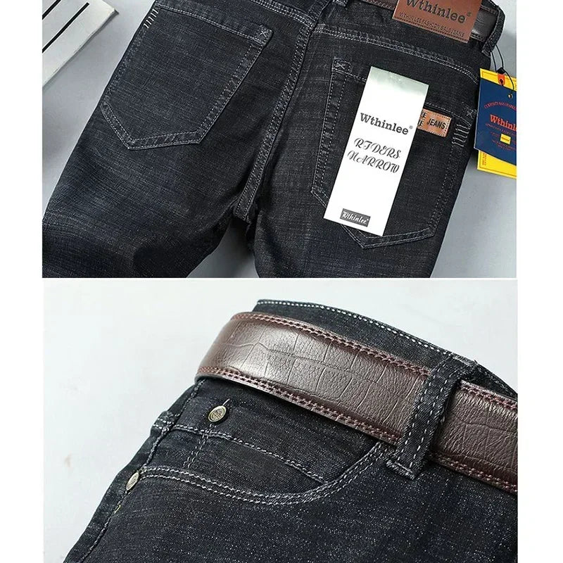 Men Fashion Stretch Jeans Male Classic Business Slim Fit Straight Leg Denim Trousers Solid Casual Long Pants.