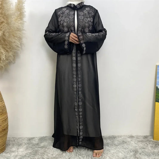 Luxury Diamonds Kimono Open Abayas for Women Muslim Dress Morocco Kaftan Dubai Turkey Party Gown Kebaya Islam Jalabiya Ramadan.