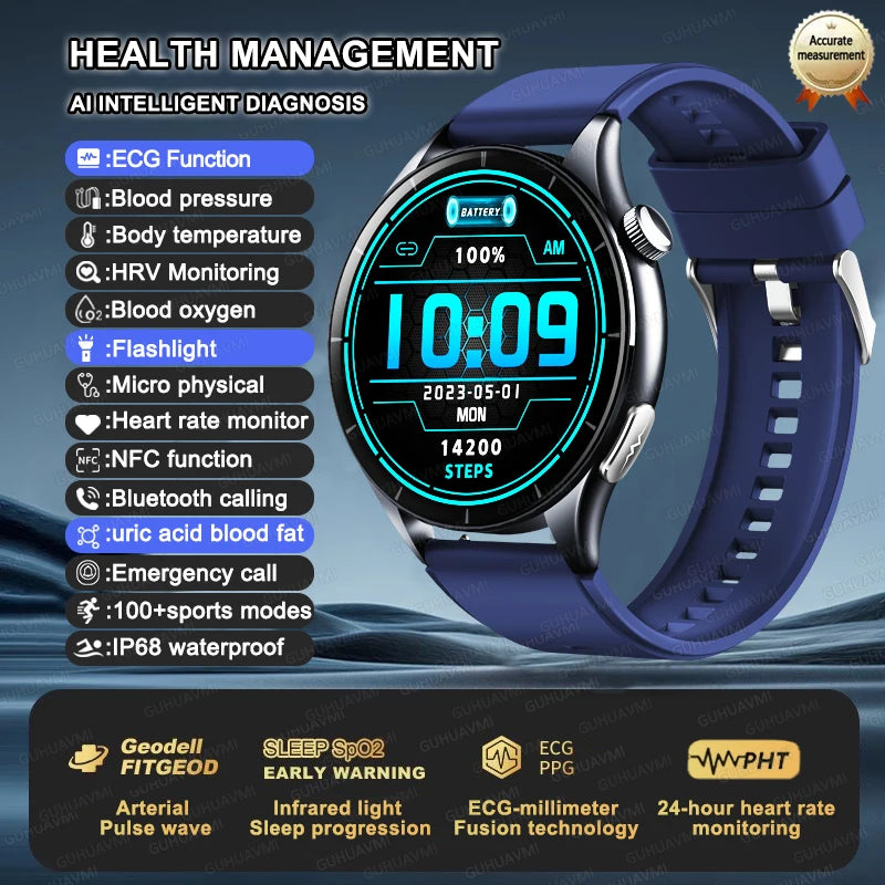 2025 New NFC Health MonitorUric Acid Blood Pressure Blood oxygen Body Analysis Smart Watch ECG+PPG Clock Smartwatch Men lady