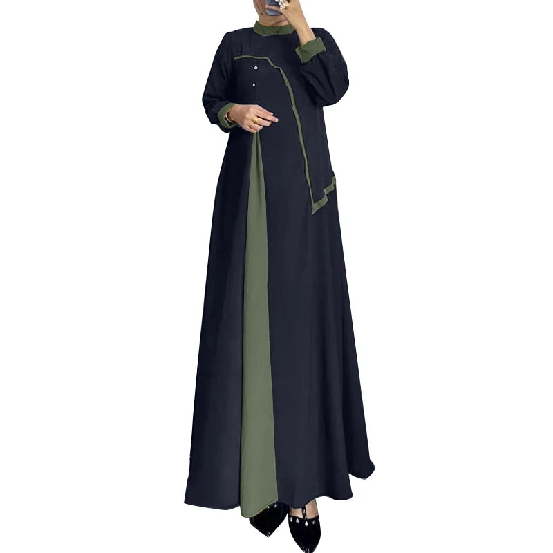 ZANZEA Women Autumn Patchwork Long Sleeve Maxi Dresses Muslim Turkey Abaya Dress Hijab Sundress Robe Femme Loose Vestidos Kaftan