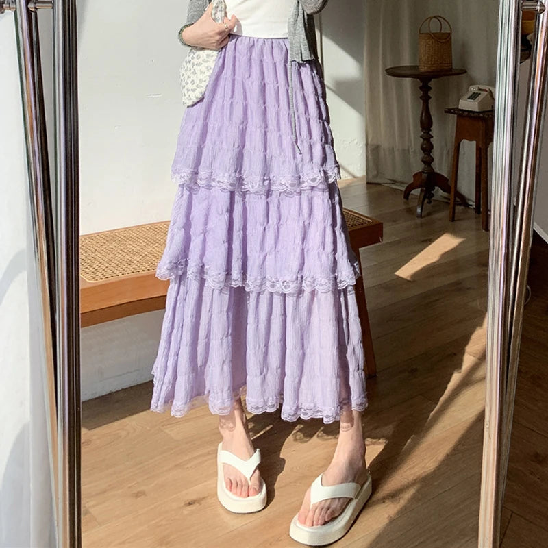 Sweet Lace Women Cake Puff Chiffon Skirts Summer Stylish Tierred Pleated Hem Solid Long Skirt Korean A-Line High Waist Skirts.