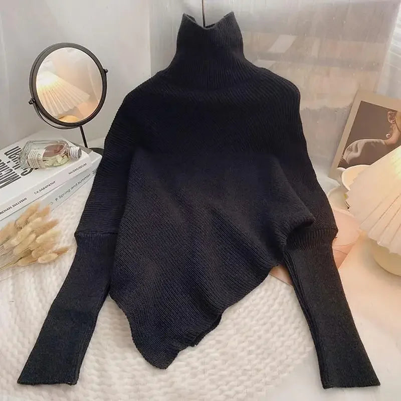 2025 Korea Herbst Winter Frauen Mode Unregelmäßigen Lose Stricken Pullover Vintage High Neck Langarm Weibliche Pullover Chic Tops.