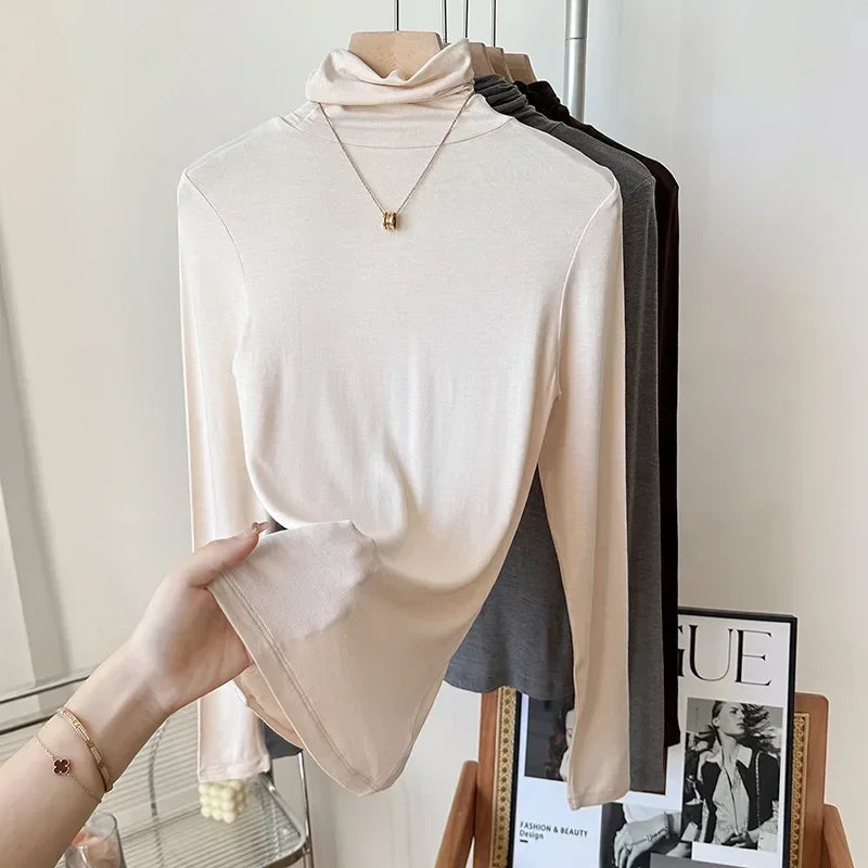 Yuyue Women's High-necked High Strecth Bottoming Shirt Old Money Style Silk Pile Collar Base Top Contain Mulberry Silk and Wool