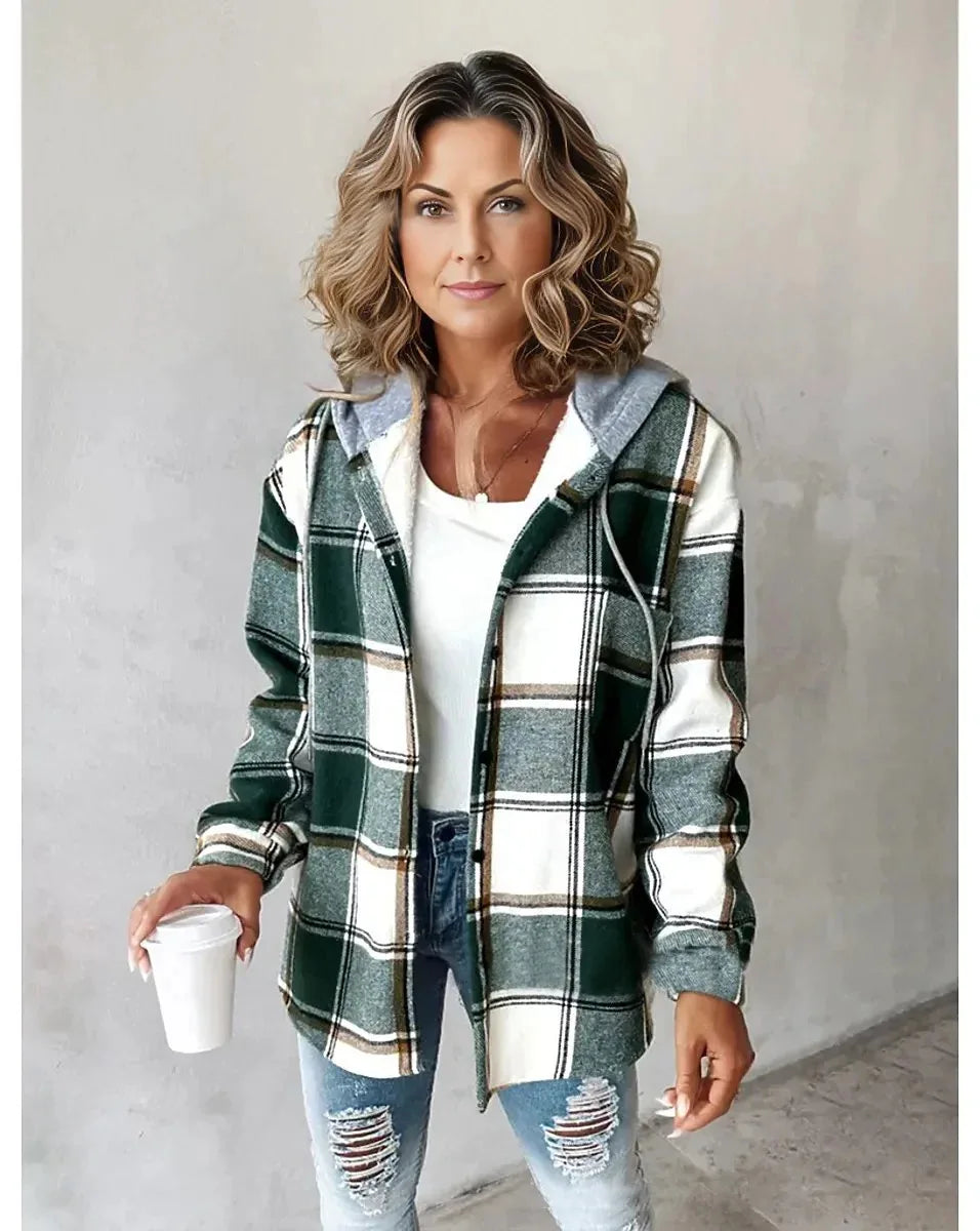 Neue Herbst und Winter frauen Plaid Jacke Mit Kapuze Mode Taste Strickjacke Top Tasche Casual Straße Vielseitige Jacke.