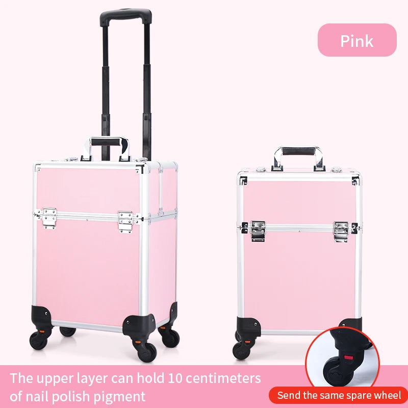 TravelRolling Makeup Train Case Large Capacity Cosmetic Trolley, Aluminum Professional Travel Case with Key
