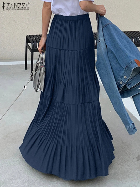 2025 ZANZEA Oversized Summer Maxi Skirts Women Elastic Waist Pleated Long Skirt Casual Solid Color High Waist Ruffled Skirts.