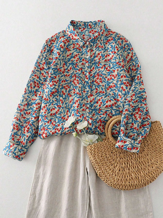 Ladies long sleeve shirt new style floral pattern shirt French style simple daily button casual women's top.