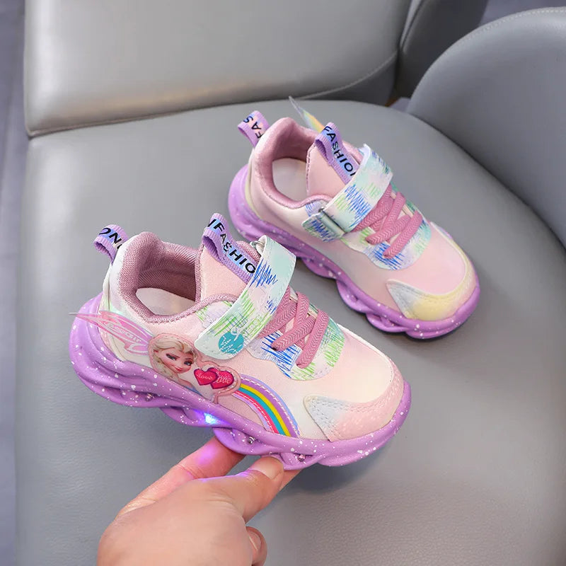 Disney Casual Sneakers LED Lighted For Spring Girls Frozen Elsa Princess Rainbow Outdoor Children Non-slip Pink Purple Shoes