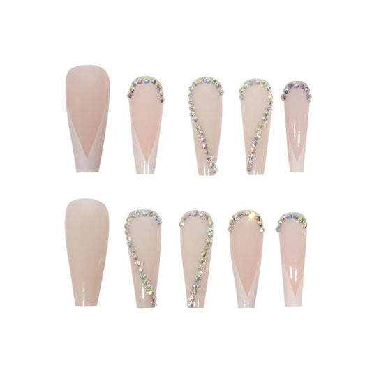 Transform Your Nails with 24pcs Long Coffin White French 3D Rhinestone Decor Fake Nail.