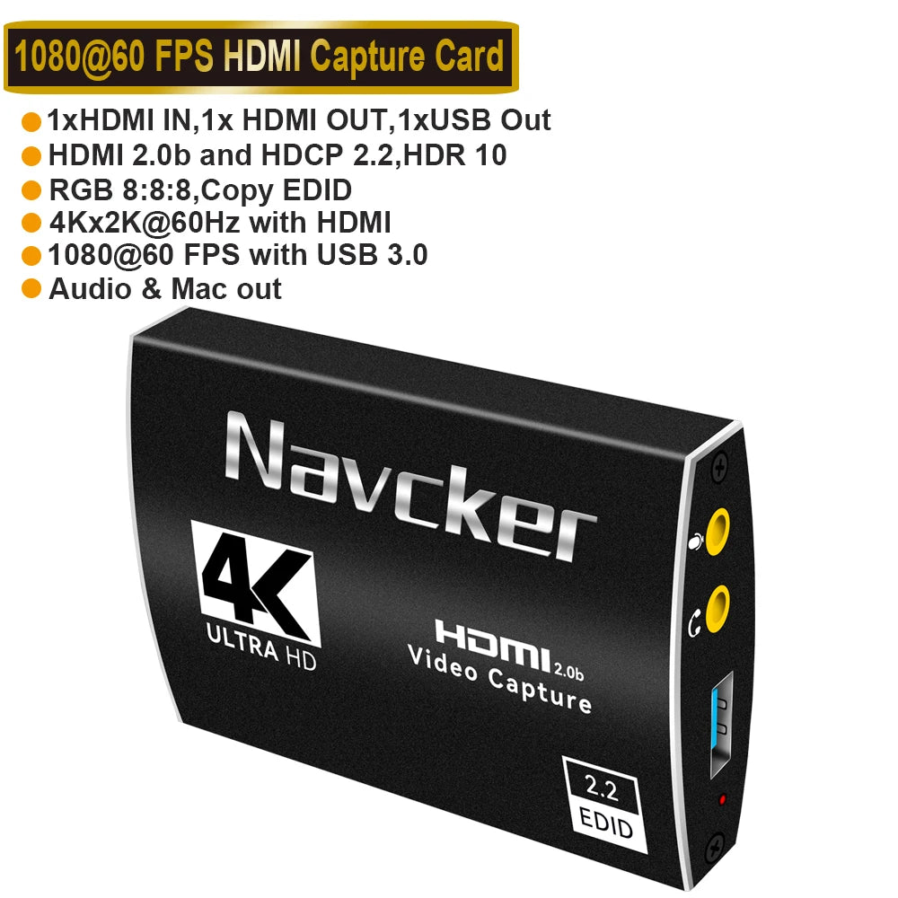 Navceker 4K Pro USB 3.0 Video Capture Card HDMI-compatible 1080P 60fps HD Video Recorder Grabber For OBS Capturing Game Live.