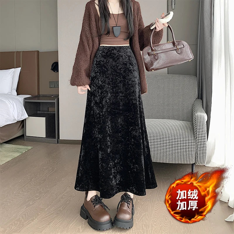 Plush Velvet Midi Skirt - 2025 New High-Waisted A-Line Mermaid Hem Skirt, Fleece-lined, Autumn Winter Thick Velvet Skirt