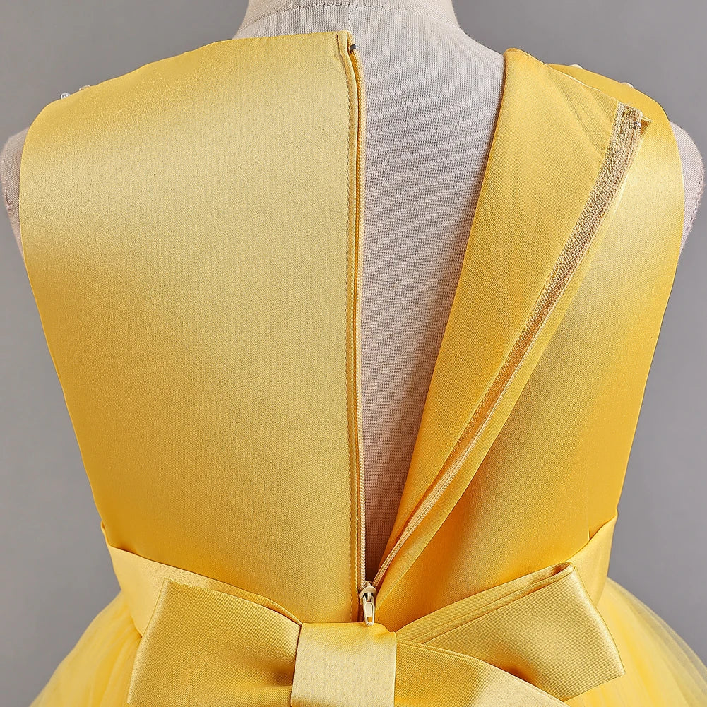 Gelbes ärmelloses Kinder leistungs kleid Bogens chwanz kleid Prinzessin kleid für 3y bis 12y Geburtstags feier kleidung.