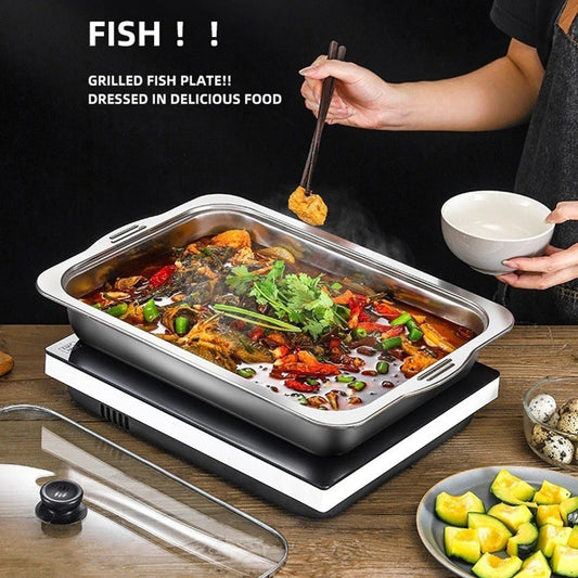 Large Capacity Stainless Steel Fish Deep Plate Both Gas and Induction Cooker BBQ Fried Beef Food Tray Seafood Dish Bbq Plate.