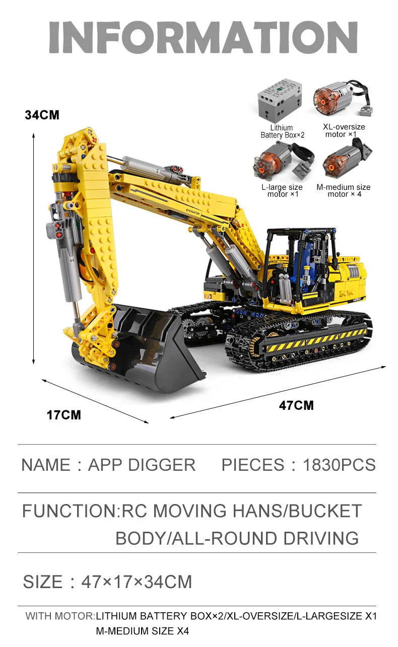 MOULD KING 13112 Technical Car Toys The MOC-2513 APP&RC Motorized Excavator Model Building Blocks Bricks Kids Christmas Gift.