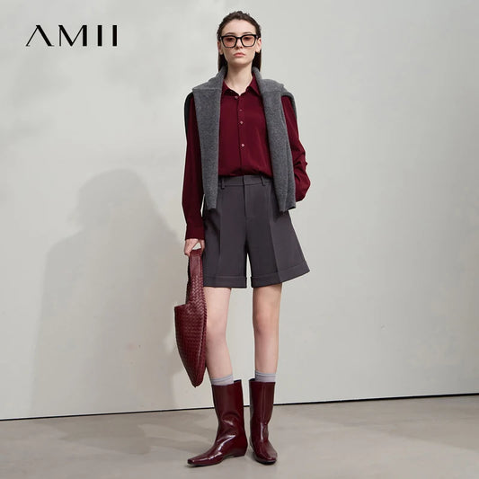AMII Office Lady Shirt 2025 Autumn New Minimalism thick Long Sleeves Blouse Elastic Cotton Lapel Women's Clothing 12553079.