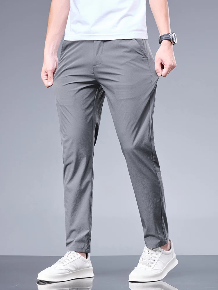 Summer New Business Ice Silk Pants Straight Elastic Waist Black Gray Trousers Breathable Simple Male Clothing Casual Suit Pants