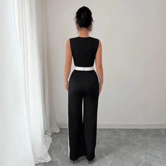 Elegant Color Block Wide Leg Jumpsuit Sleeveless Women's Spring Summer Vacation Style Cross-Border Fashion Ladies' Outfit.
