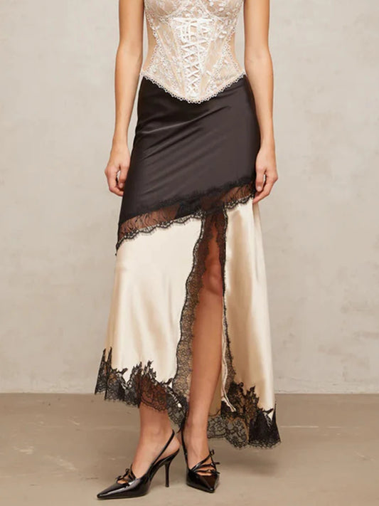 TWOTWINSTYLE Colorblock Slimming Fashion Midi Skirts for Women Patchwork Lace Temperament Skirt Female Elegant Clothing Style.