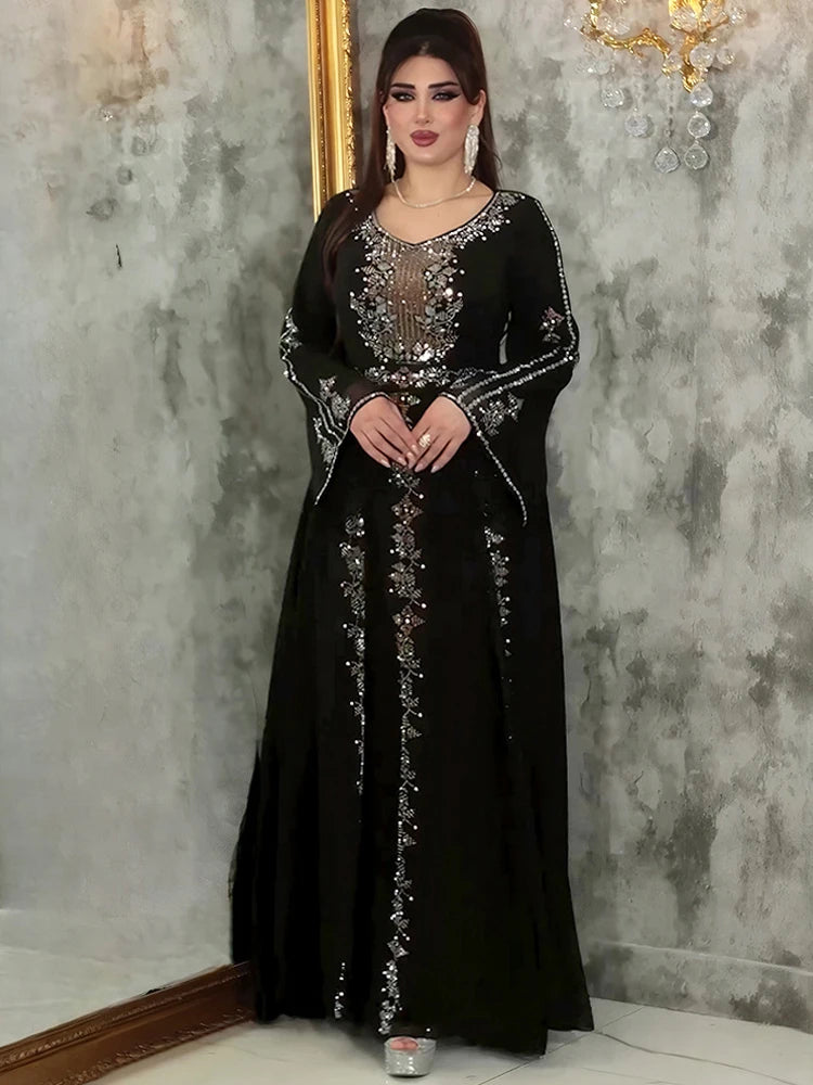 Elegante Frauen Abendkleid Langarm Chiffon Maxi Roben Luxus Diamant Party Kleider Dubai Türkei Abayas Kaftan Marocaine Femme.