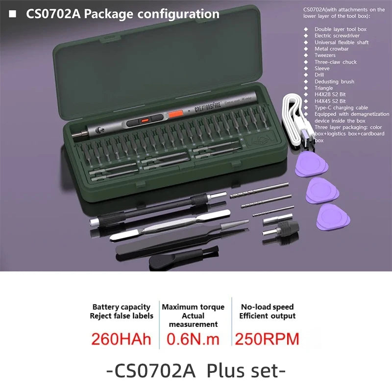 CreationSpace 3,6 V Mini-Elektroschrauber, wiederaufladbarer Schraubendreher-Set mit LED-Licht, 3 Drehmomenteinstellungen, CS0702A, CS701A